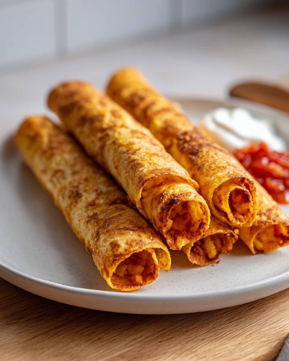 Four crispy, rolled potato tacos filled with seasoned potatoes, served on a white plate with salsa and sour cream.