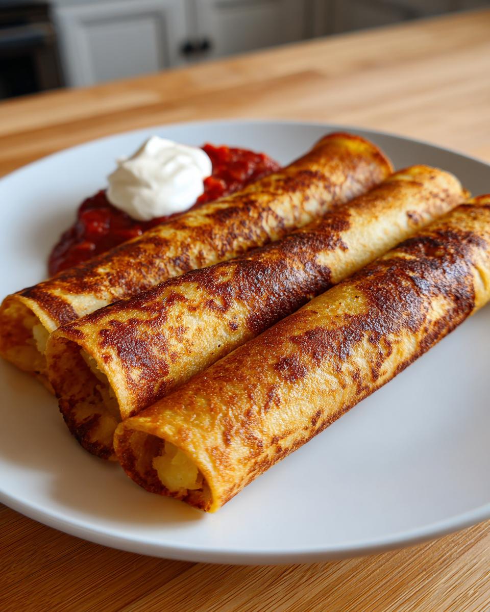 Three golden-brown, rolled potato tacos filled with potato, served with salsa and sour cream.