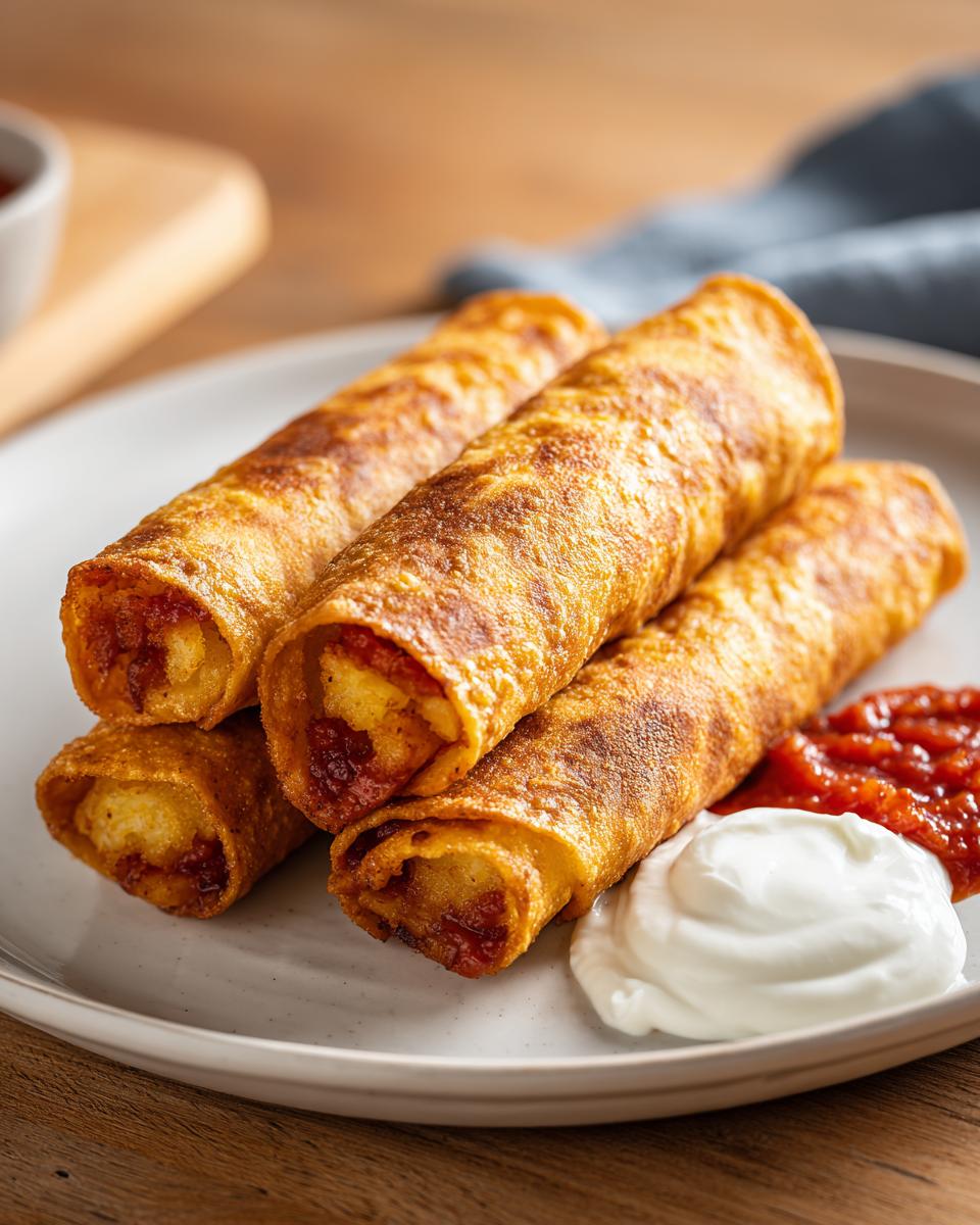 Four crispy, golden-brown rolled potato tacos served on a plate with a dollop of sour cream and salsa.