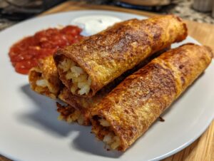 Close-up of three golden-brown, crispy potato tacos served with salsa and sour cream.