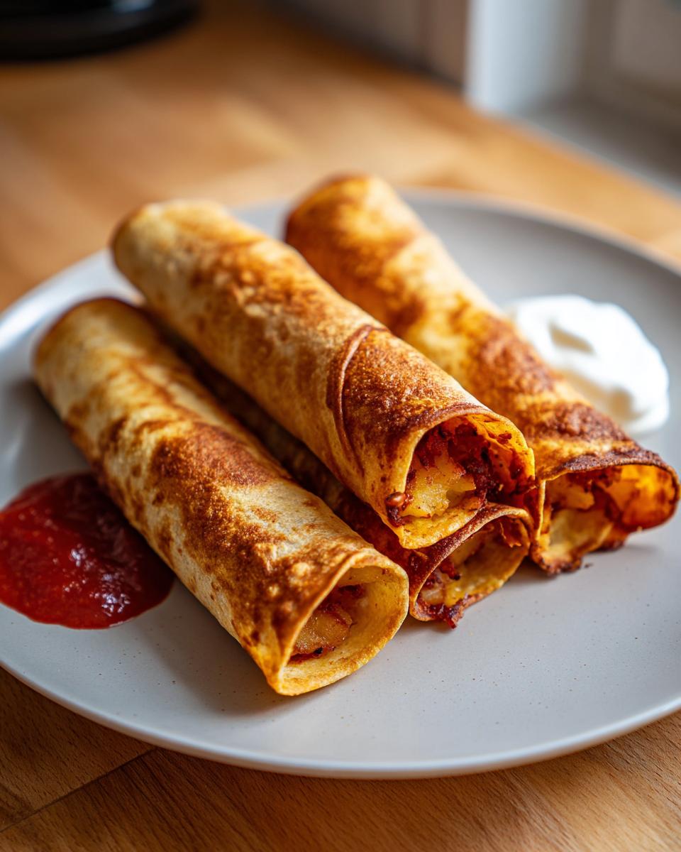 Three crispy, rolled potato tacos served on a light plate with salsa and sour cream.