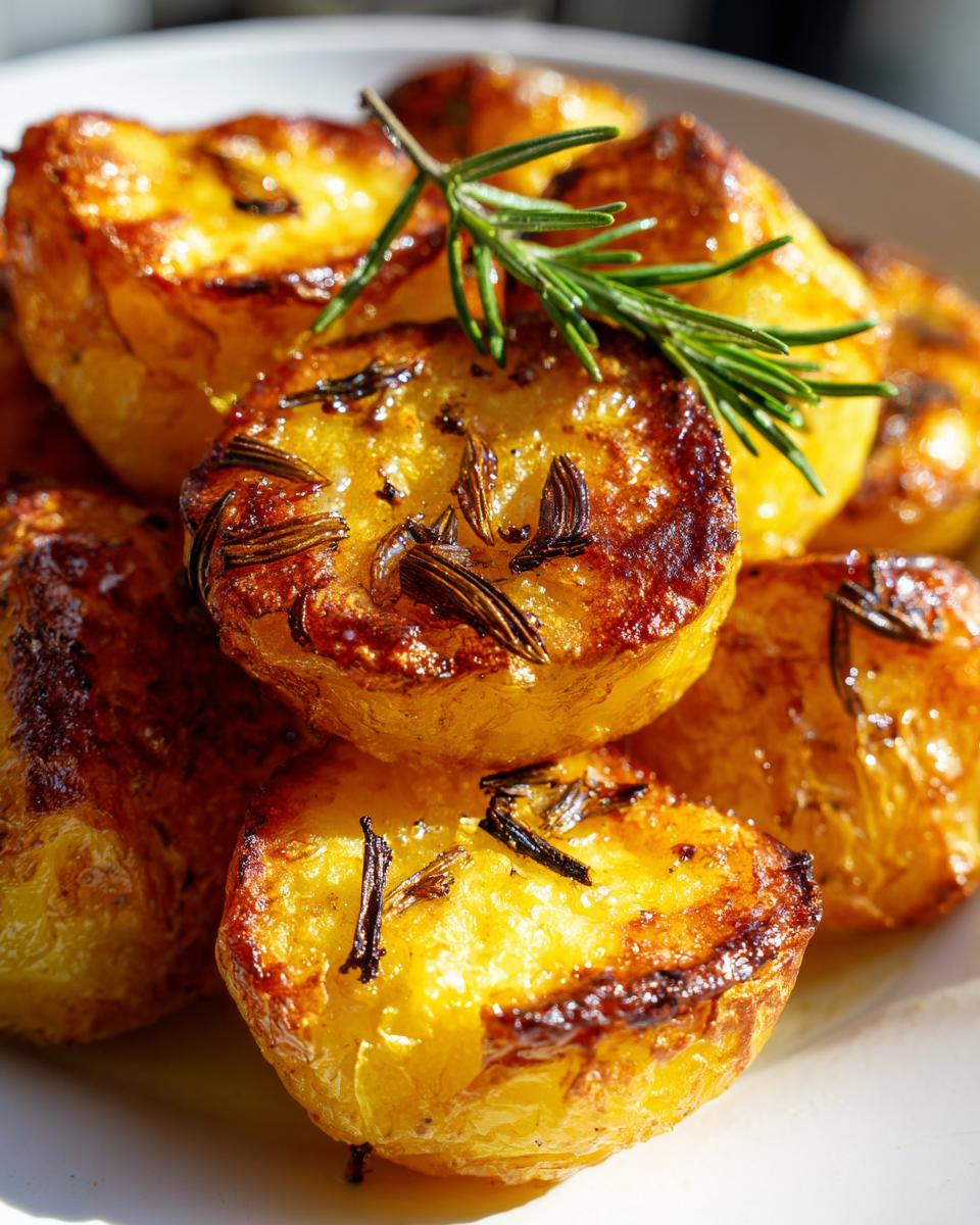 Close-up of golden brown, crispy roast potatoes seasoned with rosemary.