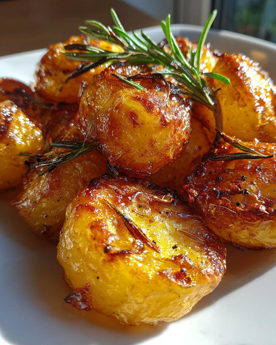 Close-up of golden brown, crispy roast potatoes seasoned with rosemary sprigs.