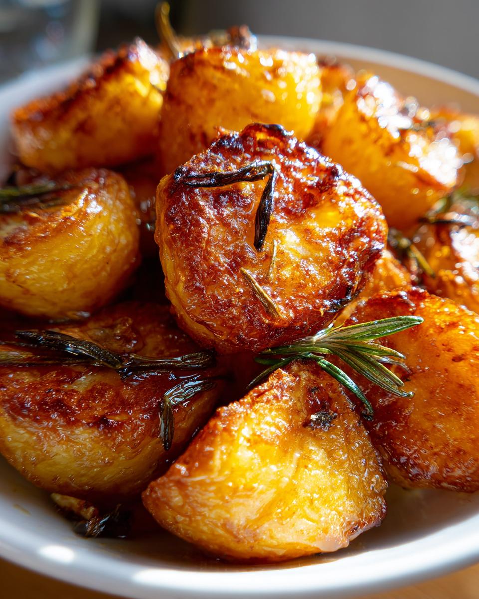 Close-up of perfectly golden and crispy roast potatoes seasoned with fresh rosemary sprigs.