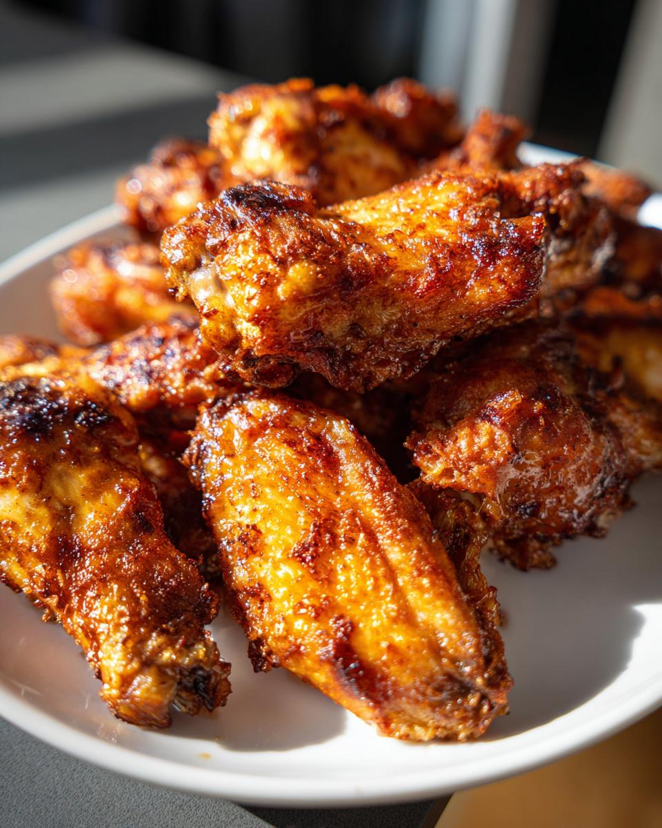 Close-up of perfectly crispy, golden-brown chicken wing pieces piled high on a white plate.