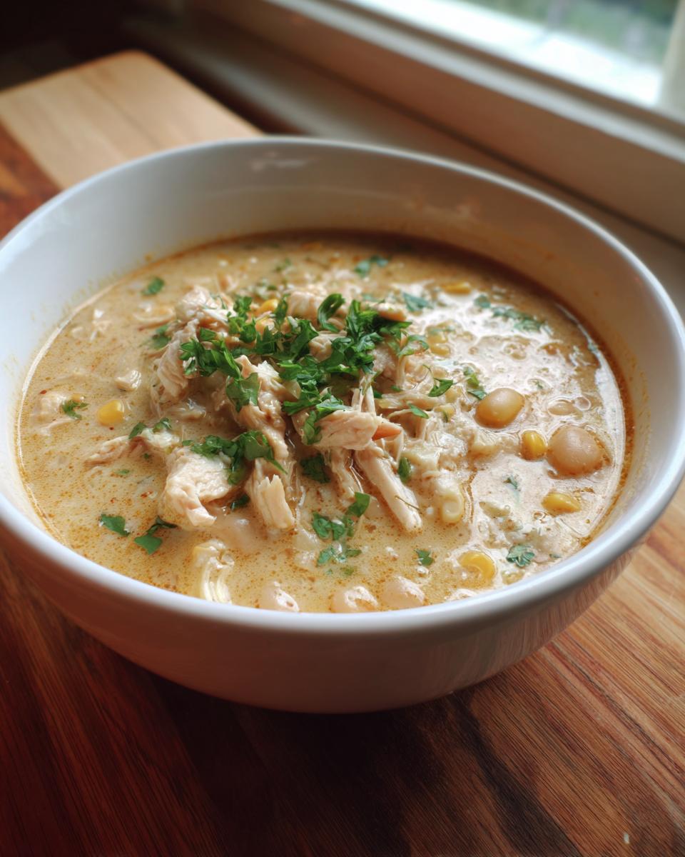 Close-up of a white bowl filled with creamy crockpot white chicken chili, topped with shredded chicken and fresh parsley.
