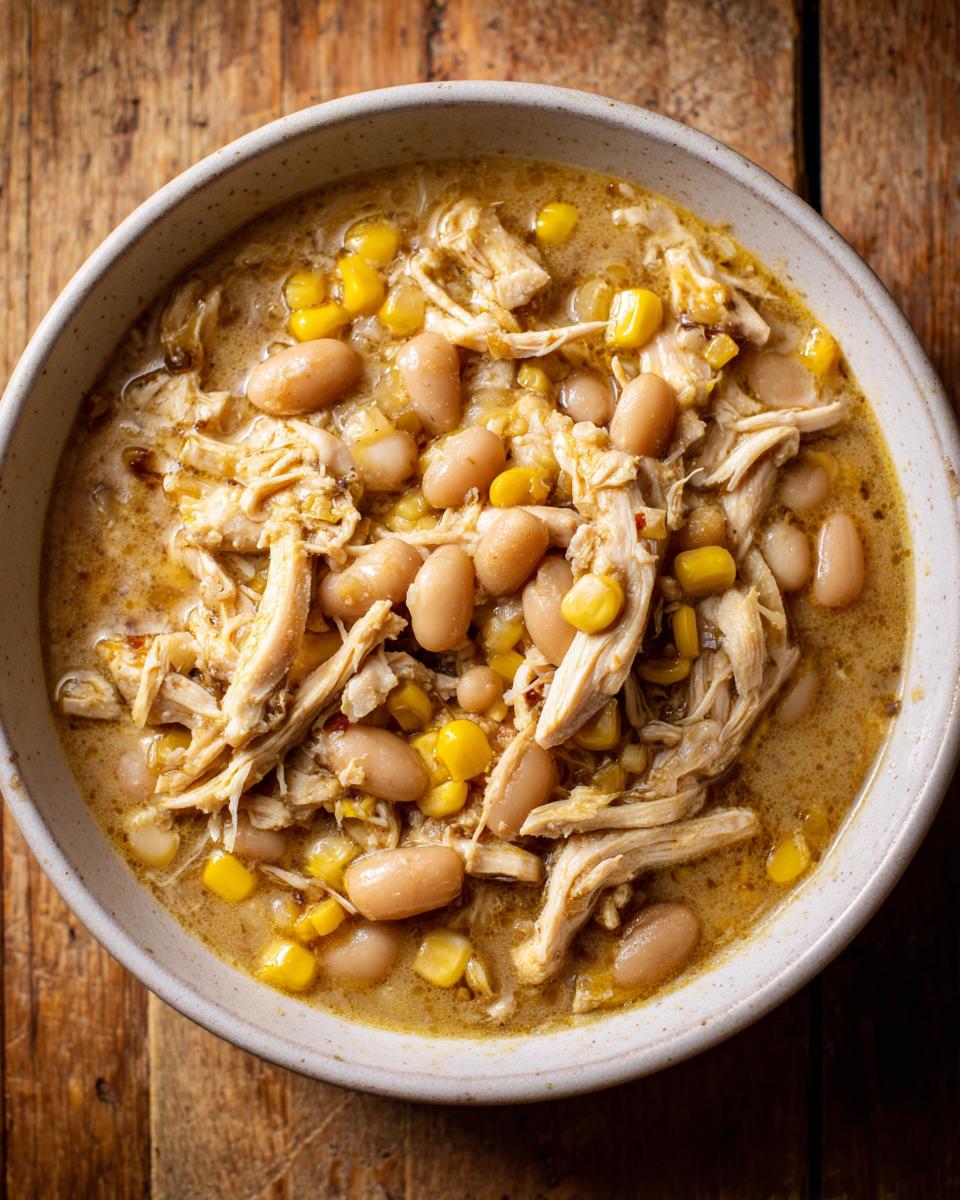 Overhead view of a rustic bowl filled with creamy crockpot white chicken chili featuring shredded chicken, white beans, and corn.
