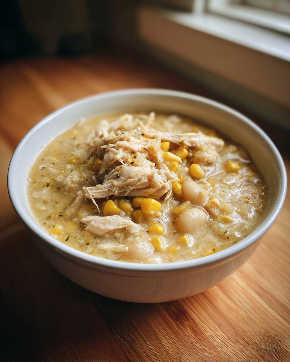 A close-up of a white bowl filled with creamy crockpot white chicken chili, topped with shredded chicken and yellow corn.