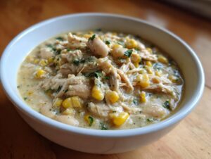 A close-up of a white bowl filled with creamy crockpot white chicken chili, featuring shredded chicken, white beans, and corn.