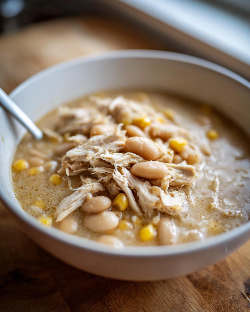 Close-up of a bowl filled with creamy crockpot white chicken chili, featuring shredded chicken, white beans, and corn.