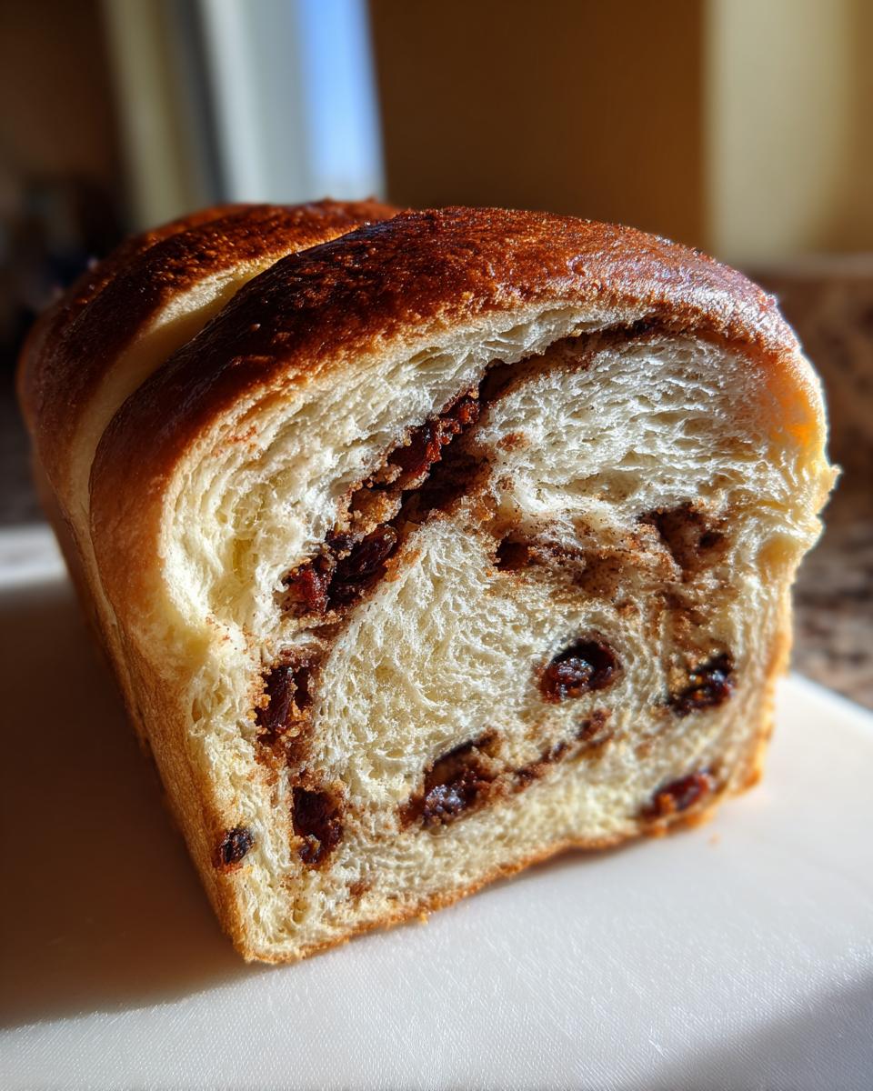 Close-up of a freshly baked loaf of raisin bread, showing the soft interior filled with cinnamon swirl and plump raisins.