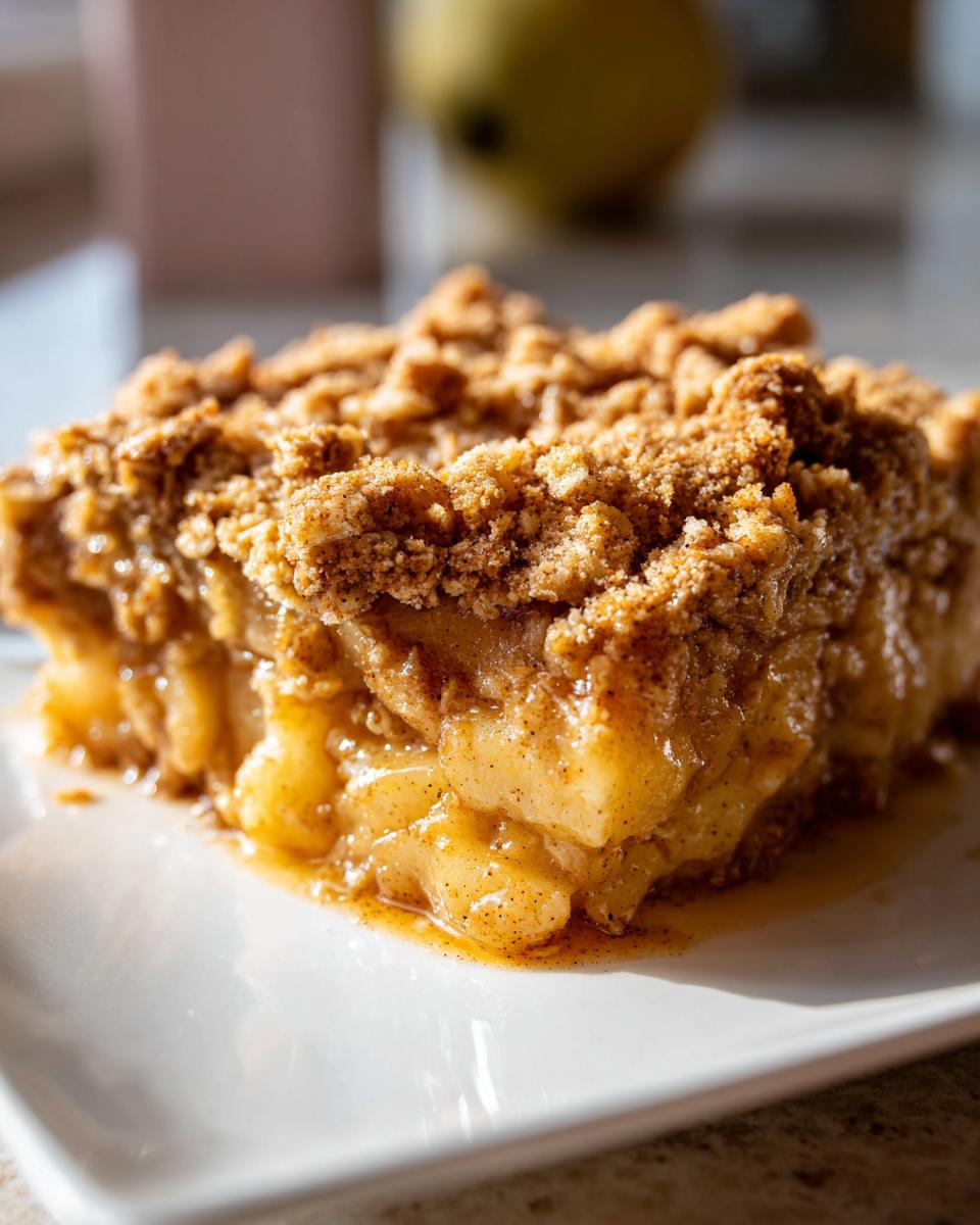 A close-up of a generous slice of warm pear crisp showing caramelized fruit filling and a thick, crunchy topping.