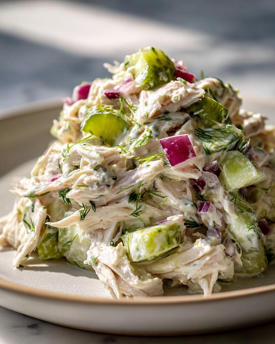 A mound of creamy dill pickle chicken salad featuring shredded chicken, chunks of pickle, red onion, and fresh dill.