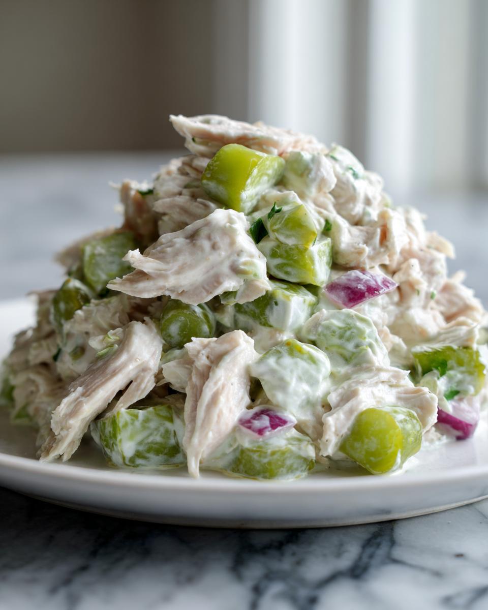 Close-up of a creamy mound of dill pickle chicken salad mixed with green grapes and red onion pieces.