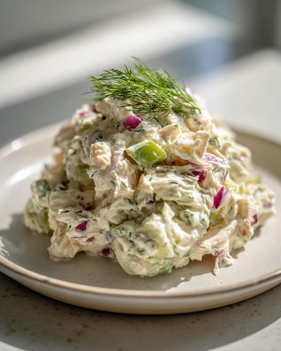A mound of creamy dill pickle chicken salad featuring chunks of chicken, red onion, and green pickle pieces, topped with fresh dill.