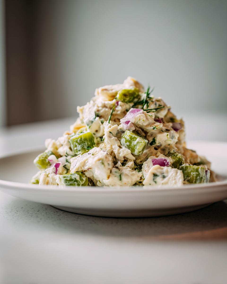 A mound of creamy dill pickle chicken salad featuring chunks of chicken, green pickle pieces, and red onion, served on a white plate.