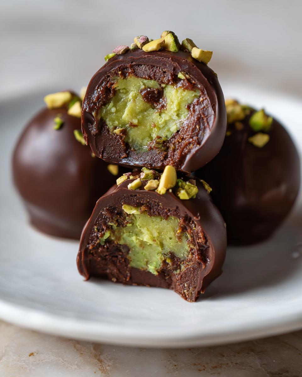 Close-up of Dubai chocolate balls, one cut in half showing a bright green pistachio filling inside a dark chocolate shell, topped with chopped pistachios.