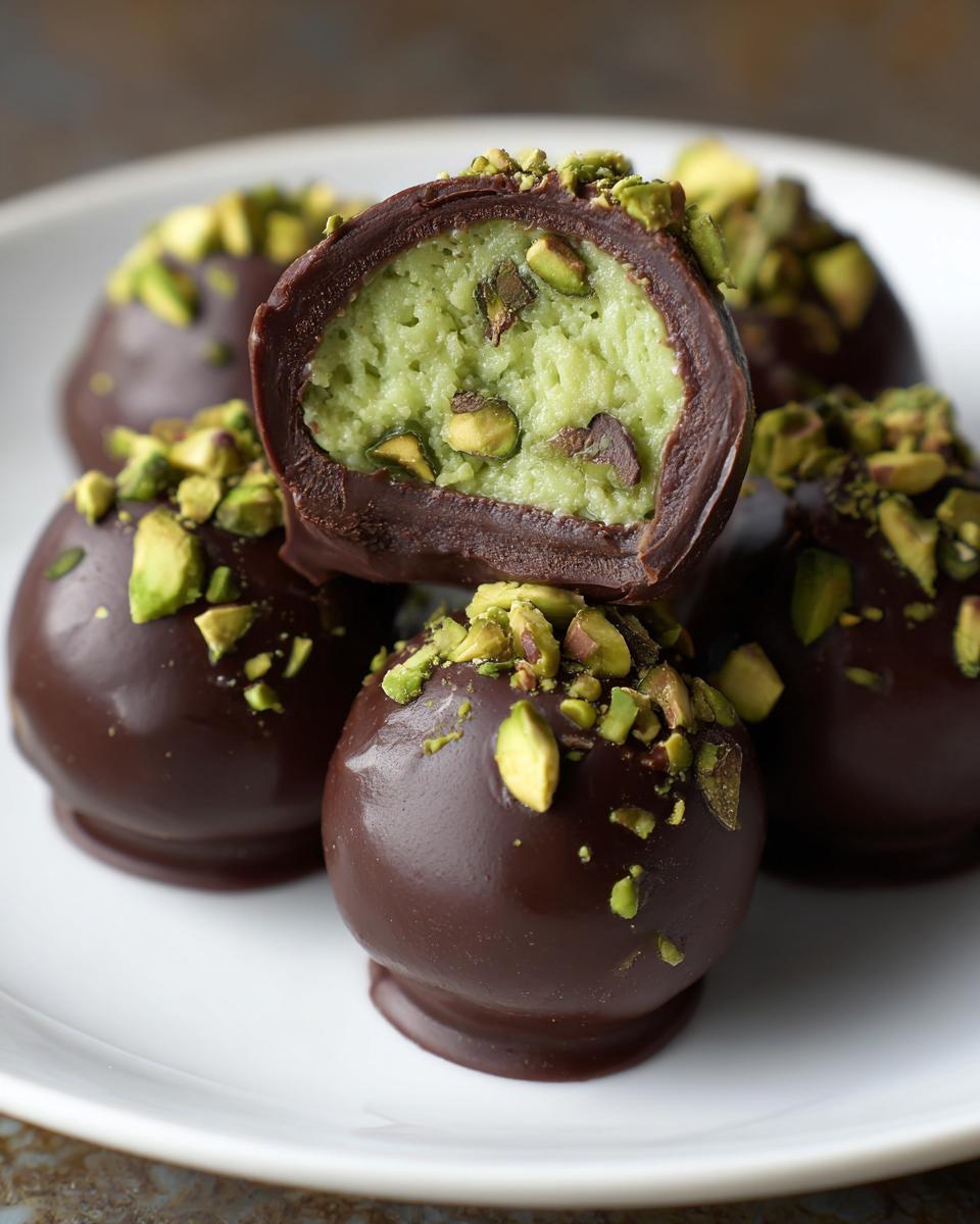 A stack of rich, dark chocolate Dubai Chocolate Balls topped with chopped pistachios, one cut open to show the green filling.