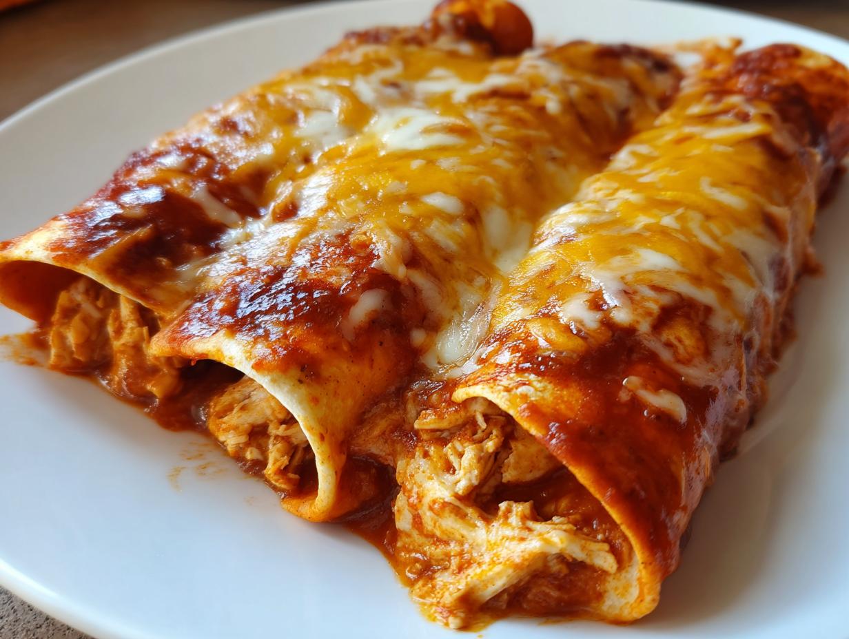 Two rolled easy chicken enchiladas covered in red sauce and melted cheddar and Monterey Jack cheese on a white plate.