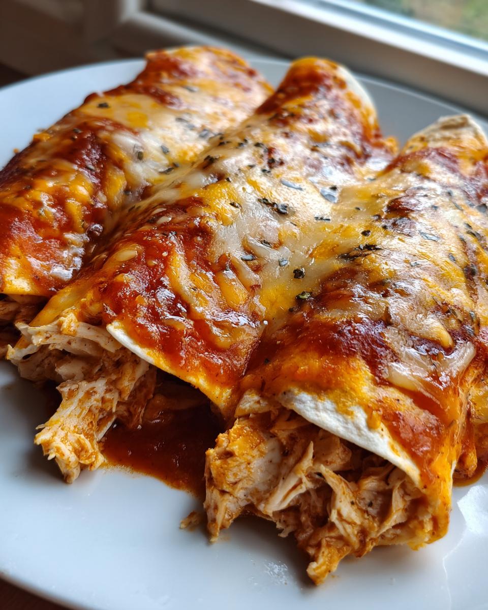 Three rolled easy chicken enchiladas covered in red sauce and melted cheese, showing shredded chicken filling spilling out.