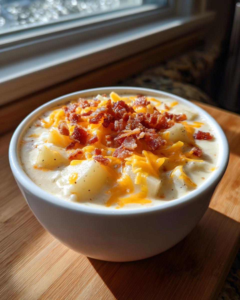 A close-up of a white bowl filled with creamy easy crockpot potato soup, topped generously with shredded cheddar cheese and crispy bacon bits.
