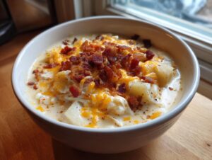 A bowl of creamy easy crockpot potato soup topped generously with shredded cheddar cheese and crispy bacon bits.