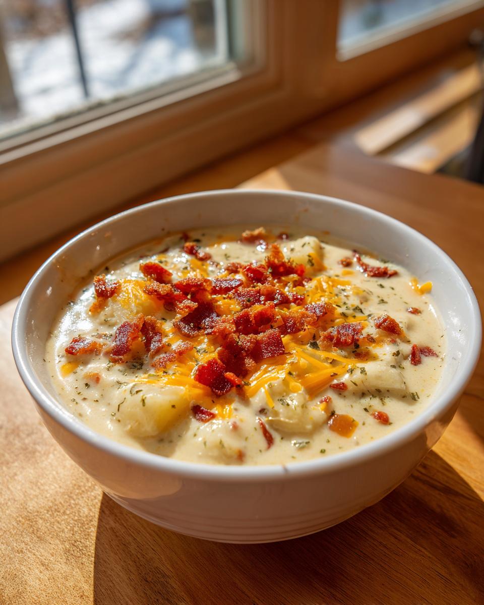 A creamy bowl of easy crockpot potato soup topped generously with shredded cheddar cheese and crispy bacon bits.