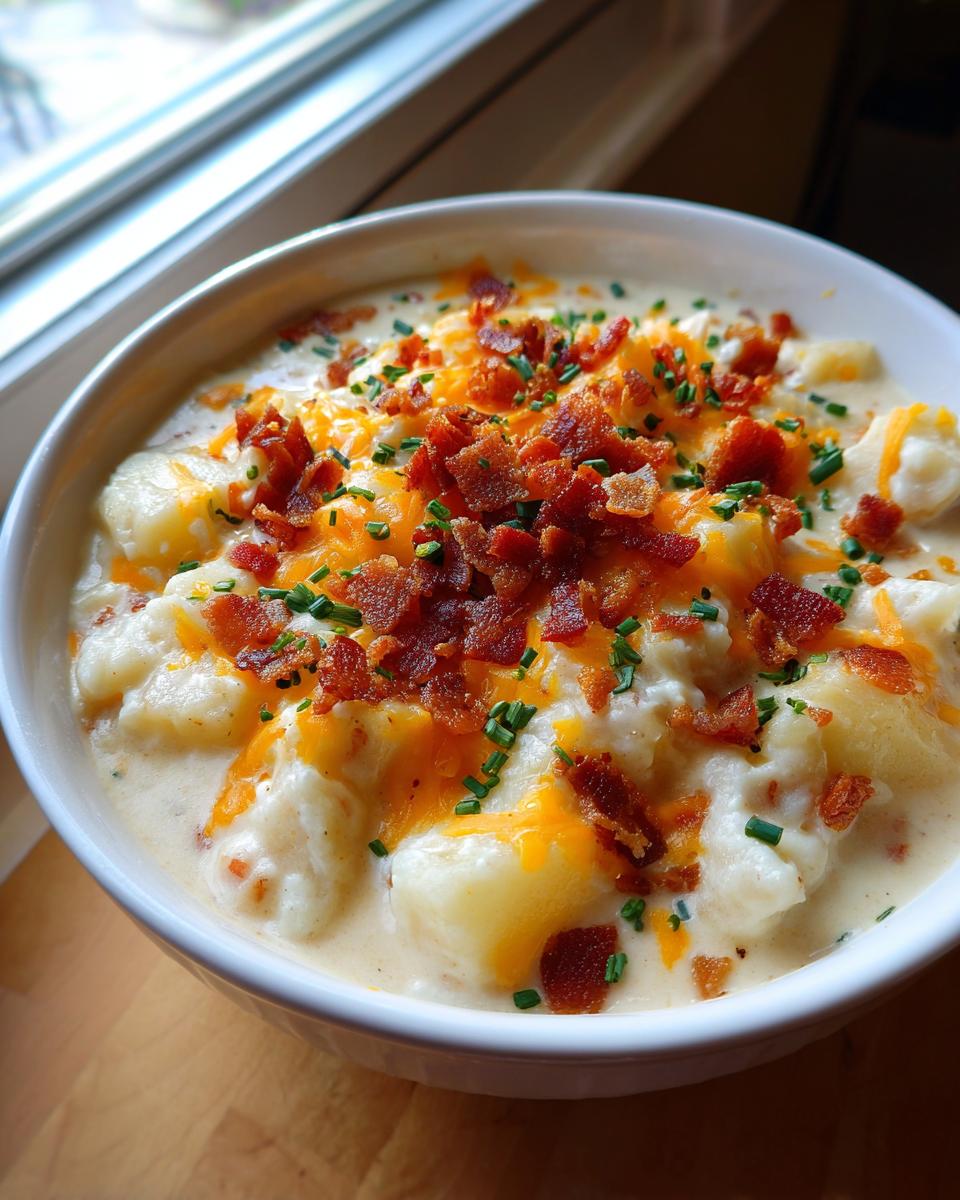 A close-up of a white bowl filled with creamy easy crockpot potato soup, topped generously with shredded cheddar, bacon bits, and chives.