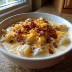 A close-up of a bowl of creamy easy crockpot potato soup topped generously with shredded cheddar cheese and crispy bacon bits.