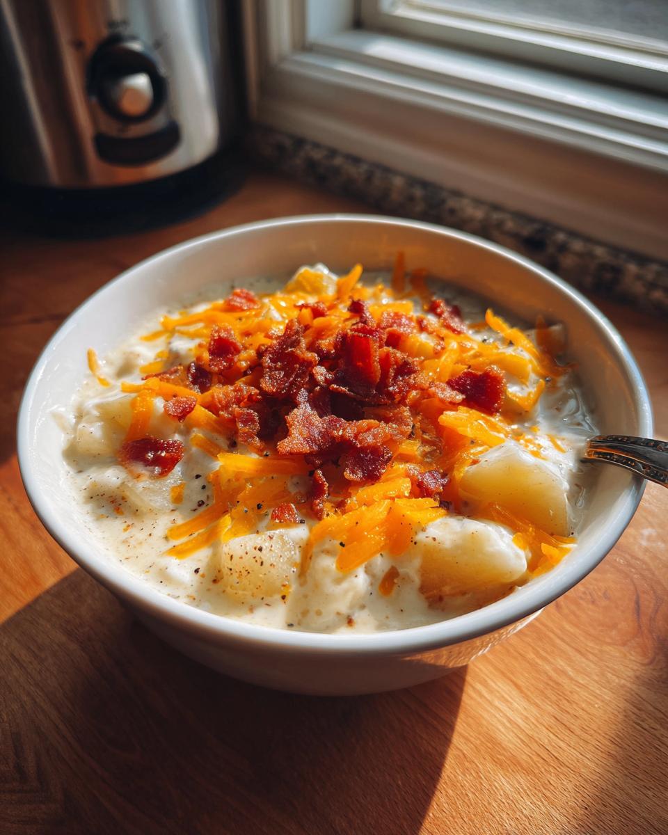 A close-up of a bowl of creamy easy crockpot potato soup topped generously with shredded cheddar cheese and crispy bacon bits.