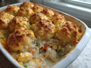 A close-up of a freshly baked chicken cobbler with golden biscuits, showing shredded chicken and vegetables underneath.