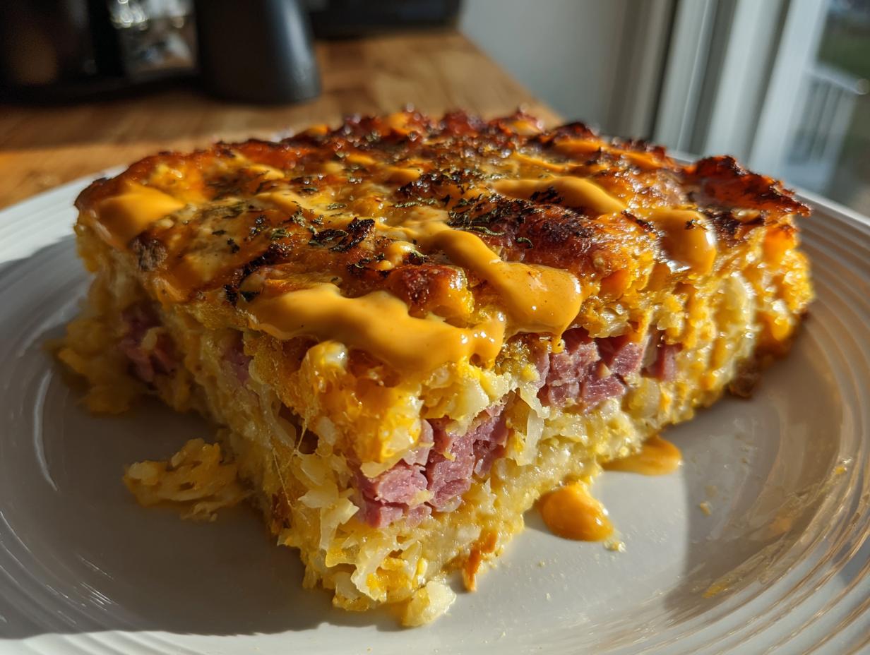 A close-up of a thick slice of homemade reuben bake featuring corned beef, cheese, and a thousand island drizzle.