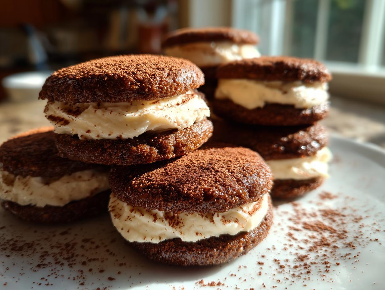 A stack of rich, dark chocolate tiramisu cookies filled with white cream and dusted heavily with cocoa powder.
