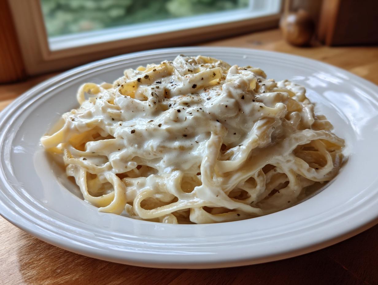 A close-up of fettuccine pasta generously coated in creamy olive garden alfredo sauce and sprinkled with black pepper.