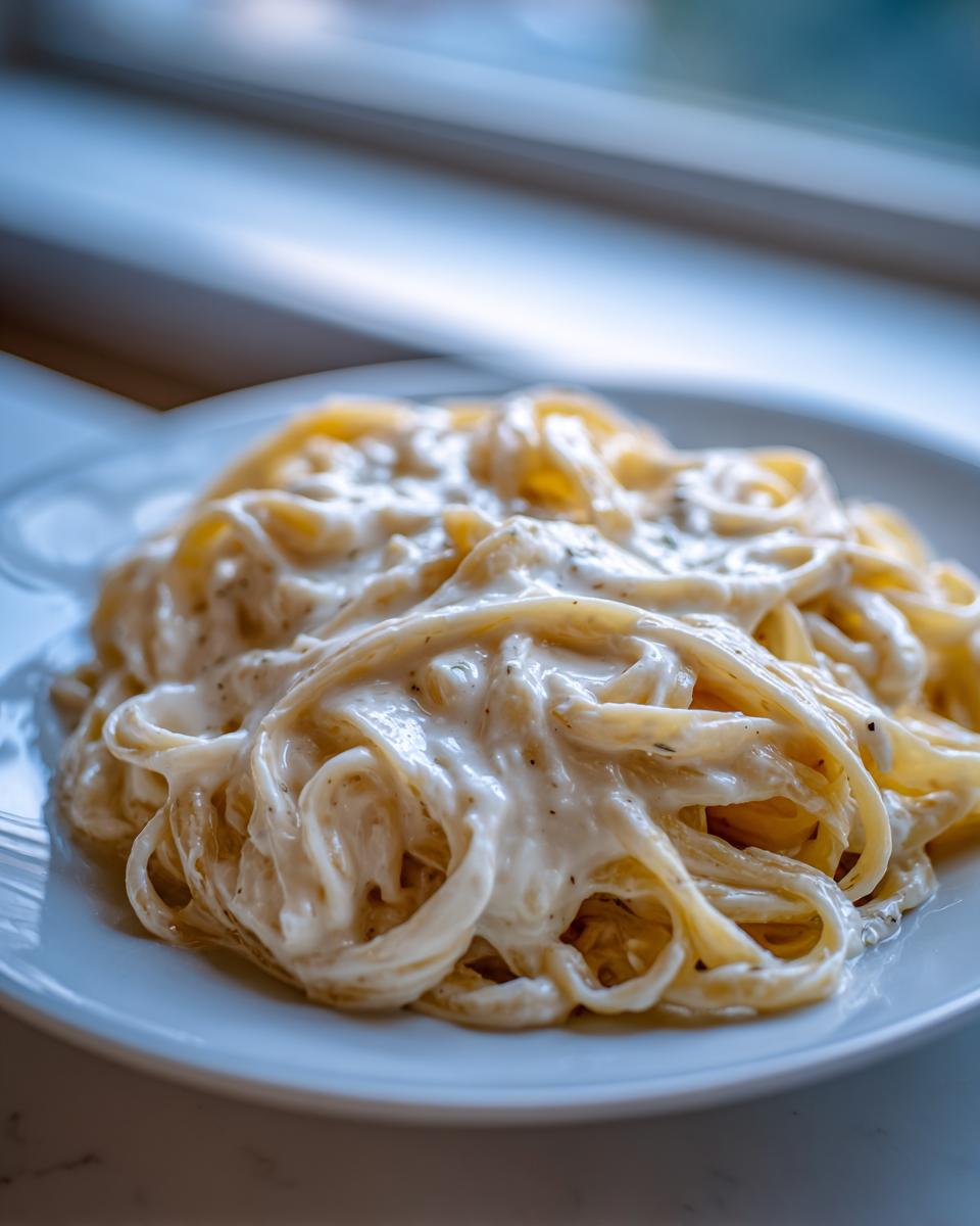 Close-up of fettuccine pasta generously coated in creamy olive garden alfredo sauce, served on a white plate.