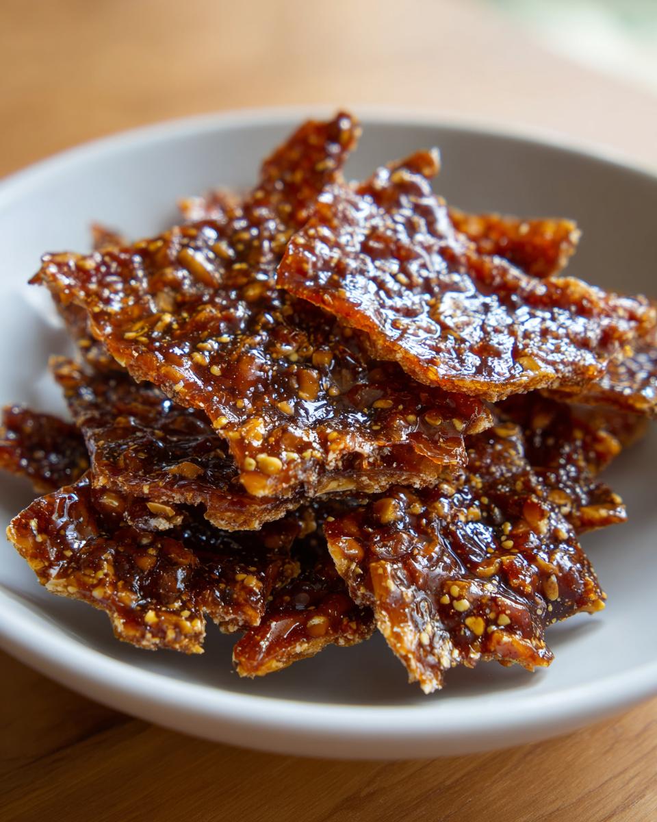 Close-up of shiny, broken pieces of homemade peanut brittle recipe stacked in a light gray bowl.