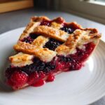 A close-up of a perfectly set slice of berry pie with a lattice crust, showing juicy raspberries and blackberries.