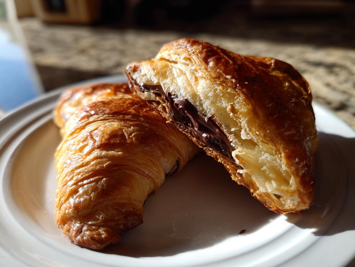 Close-up of a golden brown chocolate croissant cut in half, revealing the rich, melted chocolate filling inside.