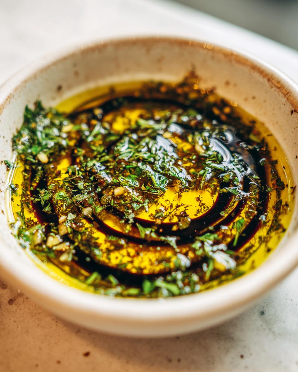 Close-up of a small bowl containing olive oil bread dip with herbs and balsamic vinegar swirls.