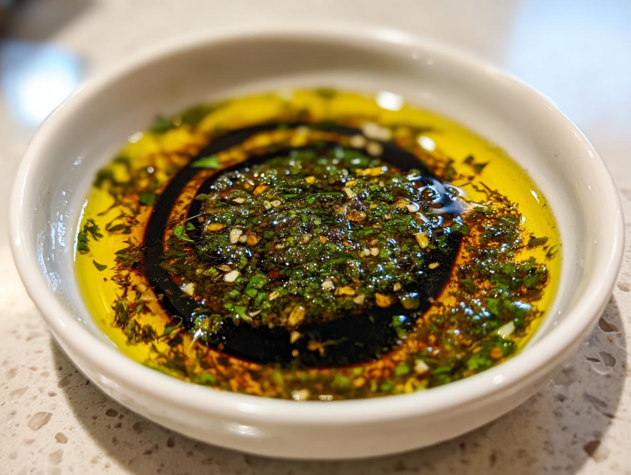 Close-up of a white bowl containing olive oil bread dip, featuring bright green herbs, garlic, and a swirl of balsamic vinegar.