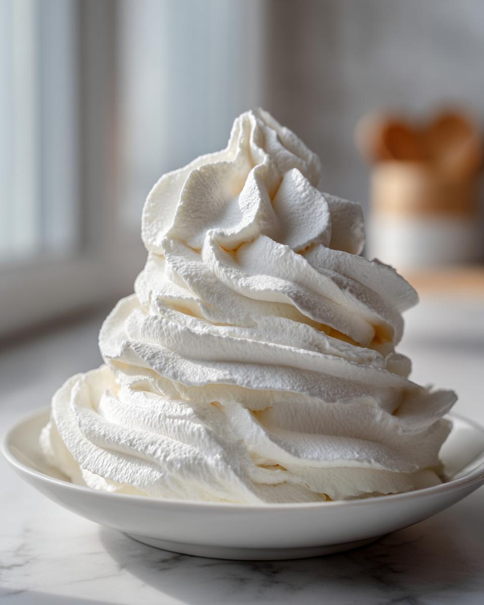 A tall, perfectly piped swirl of bright white vanilla buttercream frosting in a small white bowl.