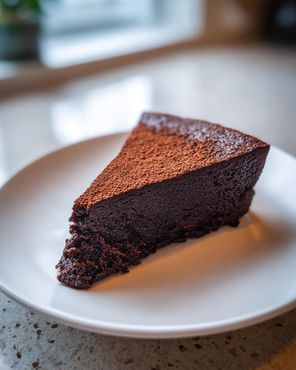 A perfect slice of rich, dark flourless chocolate torte dusted with cocoa powder, served on a white plate.