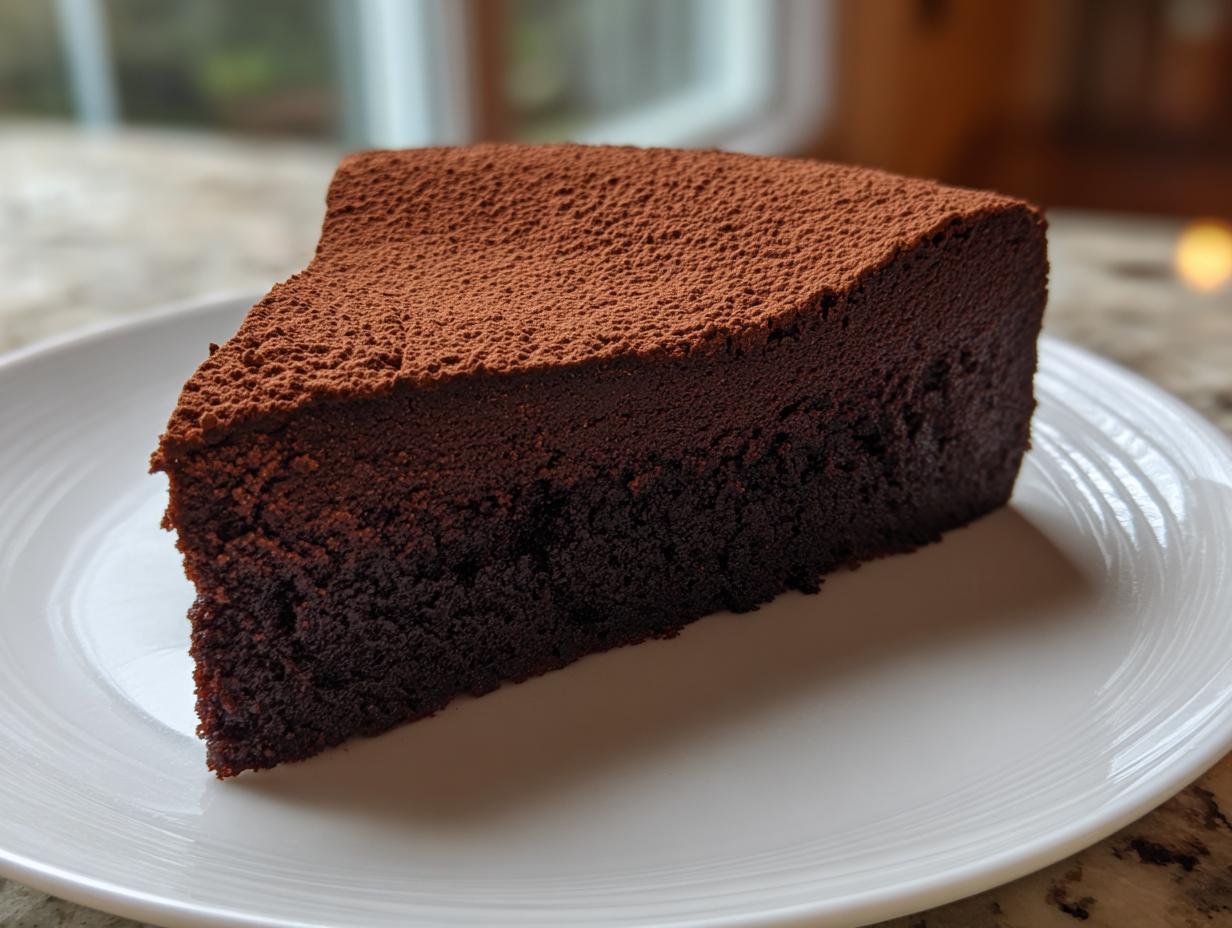 A decadent slice of flourless chocolate torte dusted heavily with cocoa powder, served on a white plate.