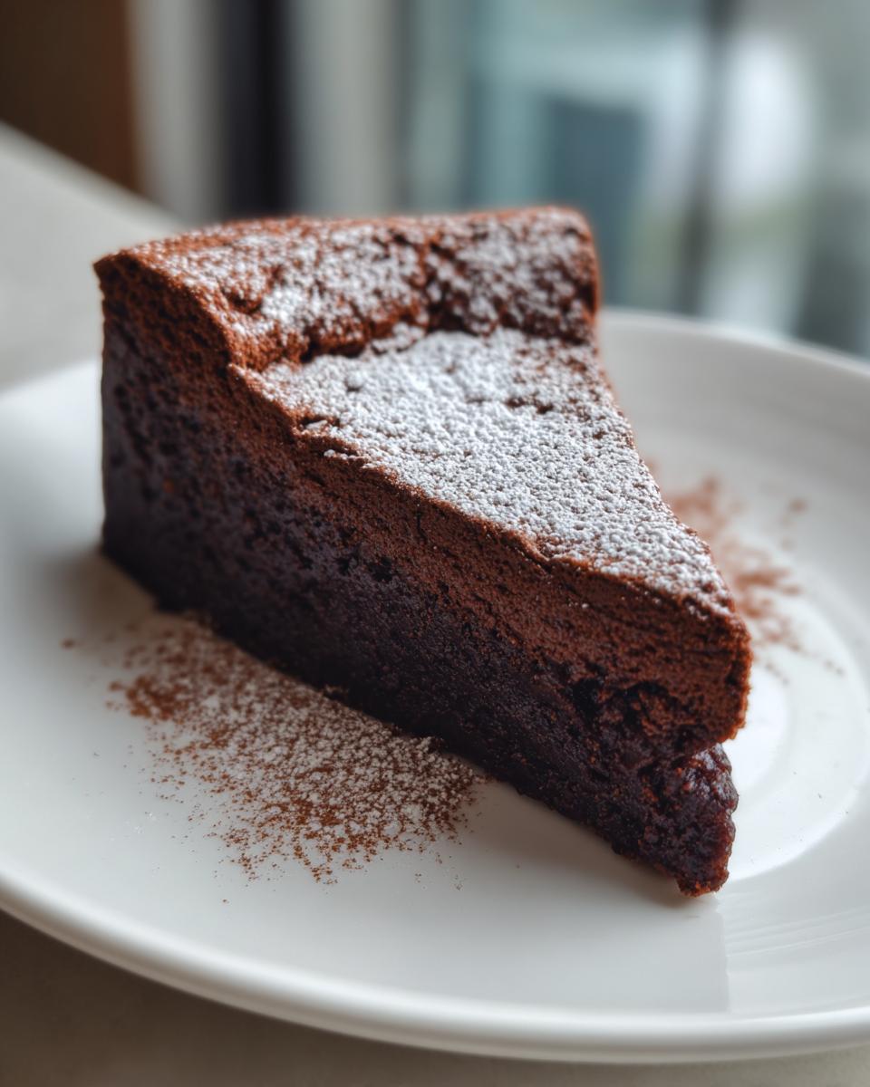 A decadent slice of flourless chocolate torte dusted with powdered sugar on a white plate.
