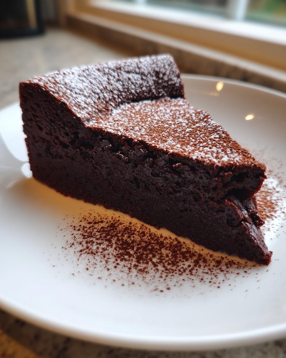 A thick slice of dense, dark flourless chocolate torte dusted with powdered sugar on a white plate.
