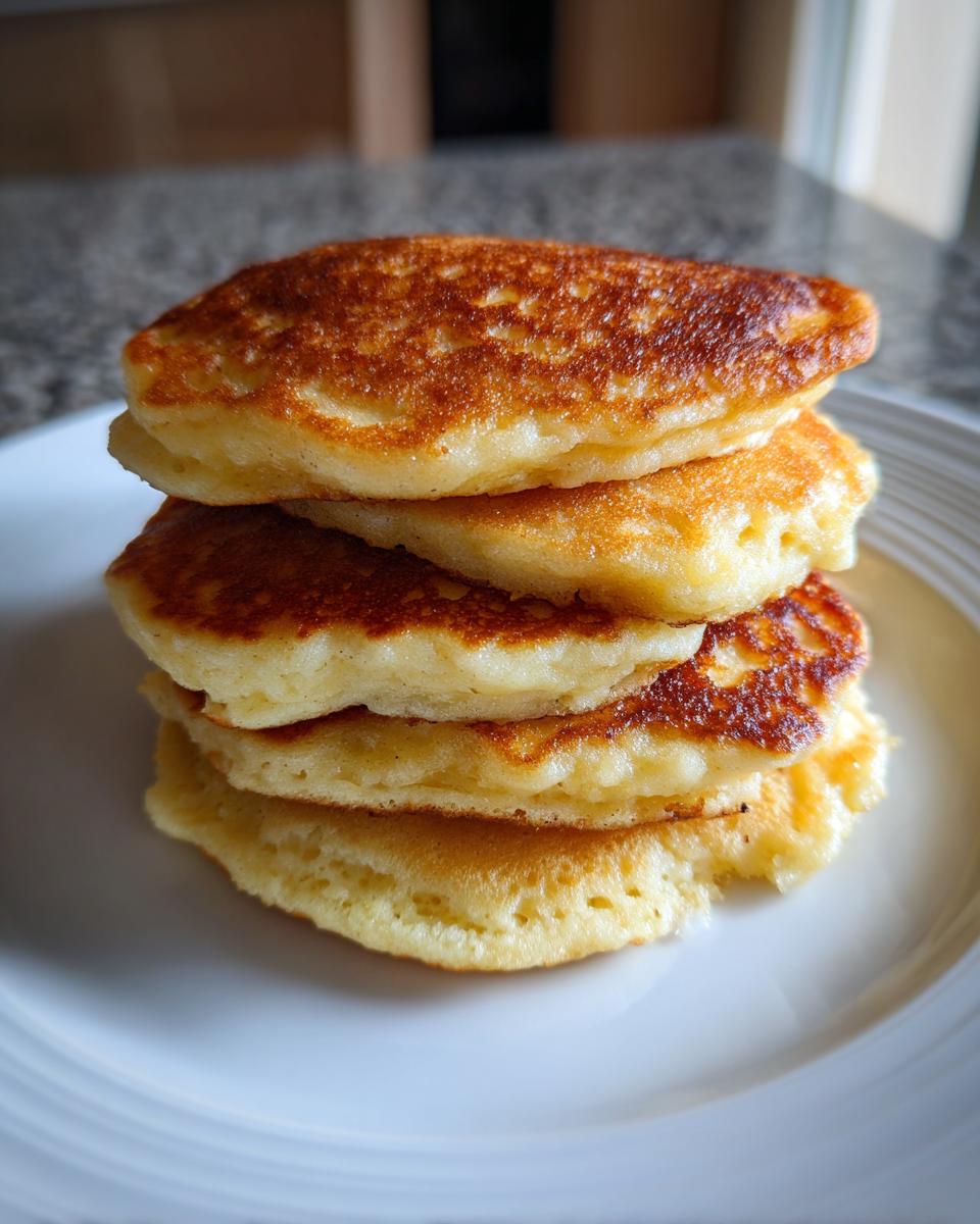 A tall stack of four fluffy banana pancakes with golden-brown, perfectly cooked tops, served on a white plate.