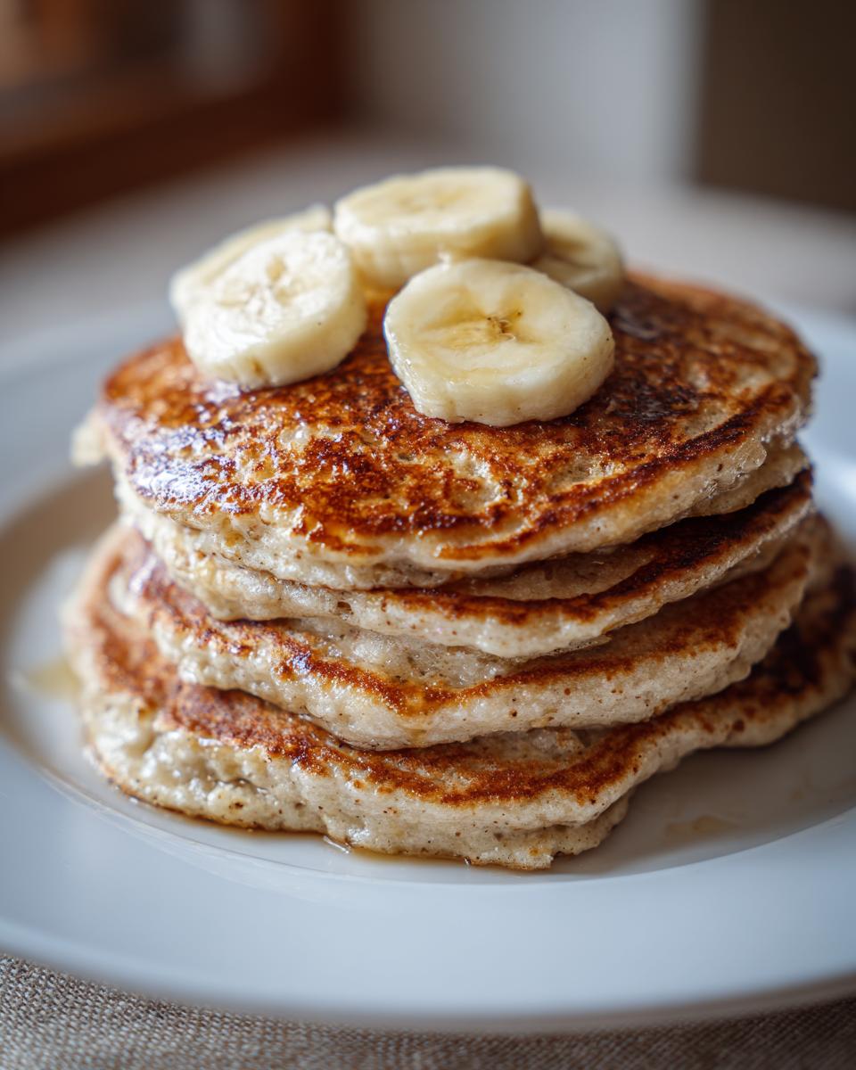 A tall stack of fluffy banana pancakes topped with fresh banana slices, glistening slightly.