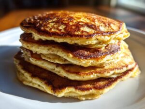 A tall stack of four golden-brown, fluffy banana pancakes on a white plate, highlighted by natural sunlight.