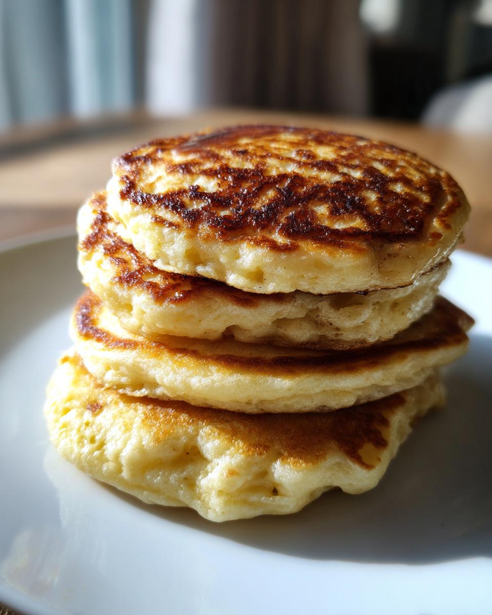A close-up stack of four fluffy banana pancakes with golden-brown, slightly marbled tops served on a white plate.