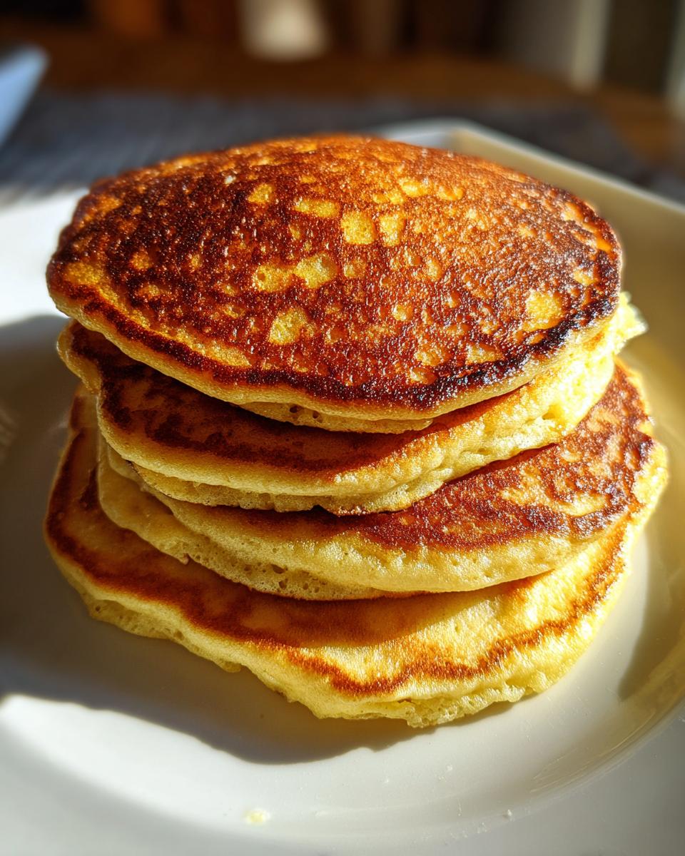 A close-up of a tall stack of four fluffy banana pancakes with a perfectly golden brown, slightly crisp top layer.